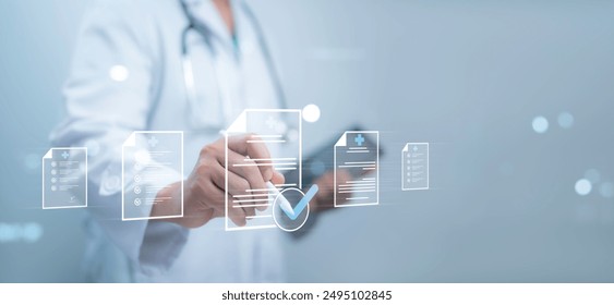 A medical worker work with virtual Quality Certificate and Checklist document analyst target marketing planning assignment with quality  - Powered by Shutterstock