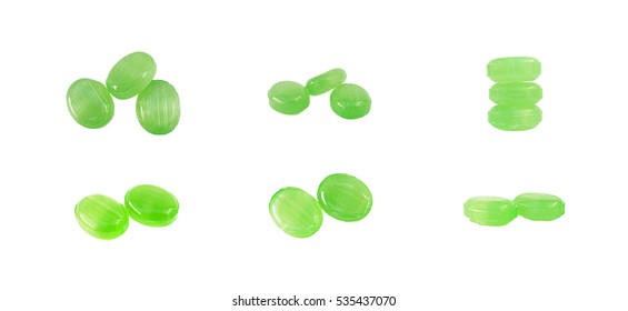 Medicated Candy Isolated. Several Variants. Green Mint Candies.