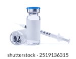 Medication in glass vials and syringe on white background