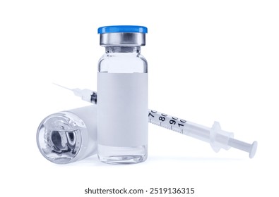 Medication in glass vials and syringe on white background