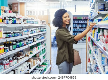 Medication, healthcare and woman in pharmacy for shopping with purchase for medical treatment supplies. Medicine, pharmaceutical and female person looking for pills in retail drugstore chemist. - Powered by Shutterstock