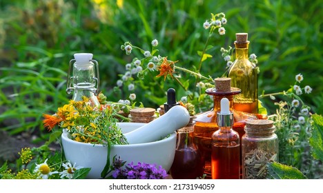 Medicinal herbs and tinctures alternative medicine. Selective focus. Nature.