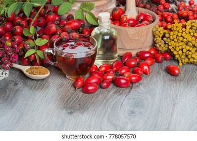Medicinal plants and herbs composition: Dog rose, bunch branch Rosehips, types Rosa canina hips, essential oil. bunch, Tea with rosehip, Tansy, Anise, dried flowers of linden and chamomile  
