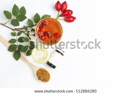 Medicinal plants and herbs composition: Dog rose, bunch branch Rosehips, types Rosa canina hips, essential oil. bunch, Tea with rosehip, Tansy, Anise, dried flowers of linden and chamomile
