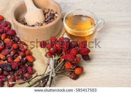 Medicinal plants and herbs composition: Dog rose, bunch branch Rosehips, types Rosa canina hips, essential oil.