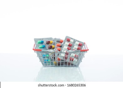 Medicine Blister In Basket Drug Store Sale Customer On White Background