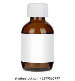 Medicine bottle of brown glass isolated on white background with clipping path. Cough syrup, mock-up.