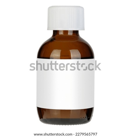 Medicine bottle of brown glass isolated on white background with clipping path. Cough syrup, mock-up.