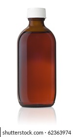 Medicine Bottle, Brown Glass, Medicine Bottle With A White Screw Cap And Liquid Inside.