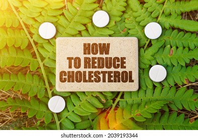 Medicine concept. On a green leaf of the plant are pills and a sign with the inscription - How to Reduce Cholesterol