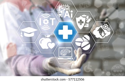 Medicine Cross, IT, IoT, AI, Big Data Integration And Automation Computing Health Care Web Concept. Modern Healthy, Medical Modernization Engineering Hospital Technology