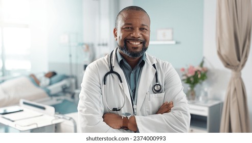 Medicine, doctor and black man with arms crossed at hospital with smile for support, service and wellness. Healthcare, professional and African expert with happiness and pride for career and surgery - Powered by Shutterstock