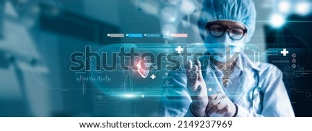 Medicine doctor cardiologist diagnose and examine patient virtual heart with intelligence software of innovative medical technology on modern interface network connection. Medical healthcare.