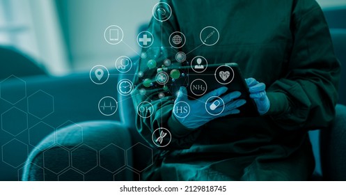 Medicine doctor with digital medical interface icons, medical and healthcare technology and network concept.