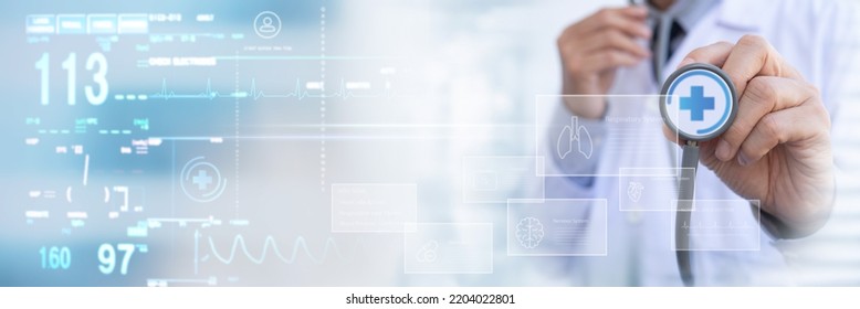 Medicine Doctor Hand With Stethoscope Touching Icon Medical Network Connection, Electronic Health Record System, Vital Signs, EKG Monitor, Medical Technology Network, Telemedicine Concept