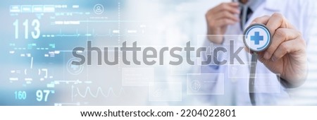 Medicine doctor hand with stethoscope touching icon medical network connection, electronic health record system, vital signs, EKG monitor, medical technology network, telemedicine concept