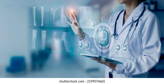 Medicine doctor hand touching on a patients x-ray scans digital healthcare and connection with modern virtual screen interface icons, Medical technology and network concept. - Powered by Shutterstock