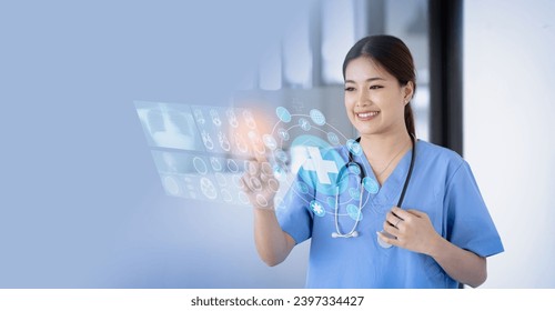 Medicine doctor hand touching on a patients x-ray scans digital healthcare and connection with modern virtual screen interface icons, Medical technology and network concept.
