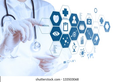 Medicine doctor hand working with modern computer interface as medical concept - Shutterstock ID 133503068