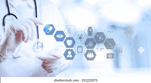 Medicine doctor hand working with modern computer interface as medical concept  - Shutterstock ID 191222075