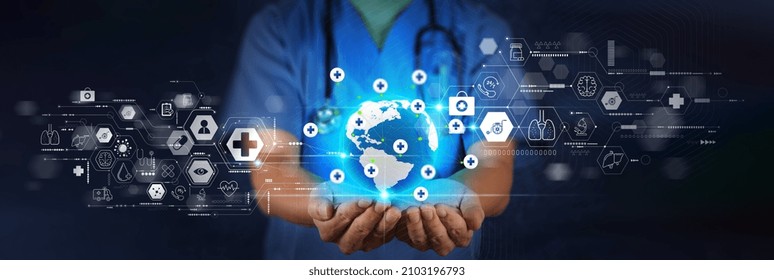 Medicine Doctor Hand Working With Modern Computer Virtual Dashboard As Medical Network Concept Health Care And Medical Services Concept With World Or Global Form And AR Interface.