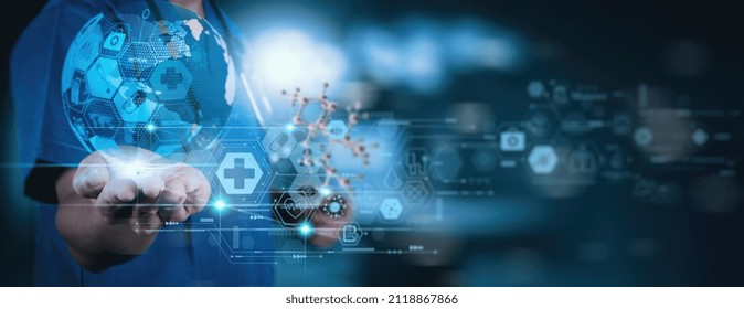 Medicine Doctor Hand Working With Modern Computer Virtual Dashboard As Medical Network Concept Health Care And Medical Services Concept With World Or Global Form And AR Interface.