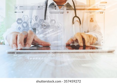 Medicine Doctor Hand Working With Modern Digital Tablet With Computer Interface As Medical Network Concept