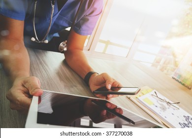 Medicine doctor hand working with modern digital tablet computer interface as medical network concept