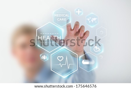 Medicine doctor hand working with modern medical icons