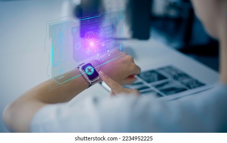 Medicine doctor hands with digital medical interface icons on blur background, Medical technology and healthcare smart watch concept.