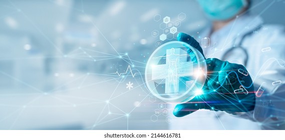 Medicine doctor hold icon health and electronic medical record on interface. Digital healthcare and network connection on hologram virtual screen, insurance. medical technology and network concept. - Shutterstock ID 2144616781