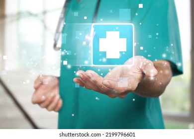 Medicine Doctor Hold Icon Health And Electronic Medical Record On Interface. Digital Healthcare And Network Connection On Virtual Screen, Medical Technology And Network Concept.