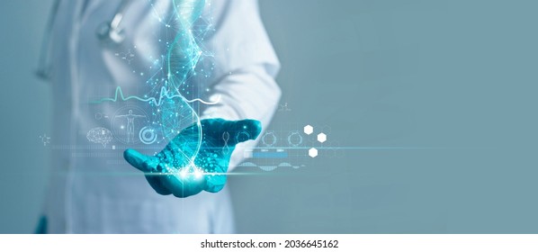 Medicine doctor holding blue helix DNA structure on hologram modern virtual screen interface and diagnose  healthcare on digital network, Science, Medical technology and futuristic concept. 