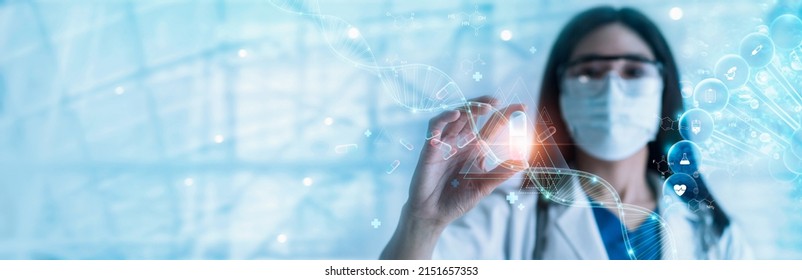 Medicine doctor holding capsule pill research and diagnosis of effective to patient and icon healthcare on hologram interface. Digital health care and medical network. DNA. science and health.  - Shutterstock ID 2151657353