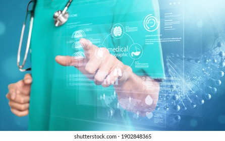 Medicine Doctor Holding Hologram Virtual Interface Electronic Medical Record. Analysis Of Digital Healthcare