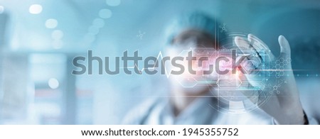 Medicine doctor holding pills of medical, Digital healthcare and analysis testing on hologram modern virtual screen interface, Science and Medical technology 