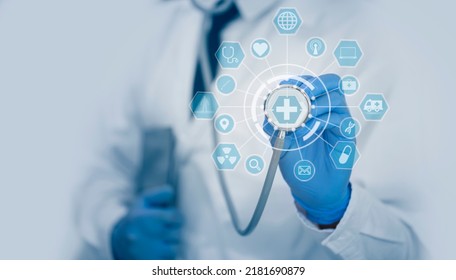 Medicine doctor holding a stethoscope with digital medical interface icons, Medical technology and network concept. - Shutterstock ID 2181690879