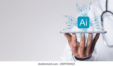 Medicine doctor with hologram of medical technology by AI artificial intelligence. innovation, science and intelligent medical technology develop health insurance.