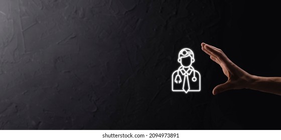 Medicine Doctor Icon In Hand Touching Icon Medical Network Connection With Modern Virtual Screen Interface, Medical Technology Network Concept.On Dak Background.