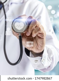 Medicine doctor or pharmacist with stethoscope standing and diagnosis in hospital with icon.Health care and medical or Health Insurance concept.Vertical image.