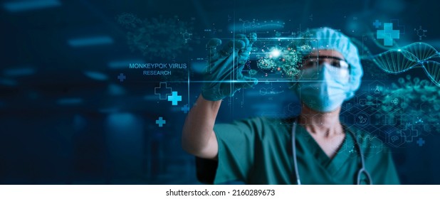 Medicine doctor research and analysis. Diagnose checking Monkeypox virus research and testing result with virtual screen in laboratory, Inhibition of disease outbreaks and Medical technology  - Shutterstock ID 2160289673