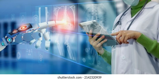 Medicine doctor and robot hand touching on a patients x-ray scans digital healthcare and connection with modern virtual screen interface icons, Medical technology and network concept.
