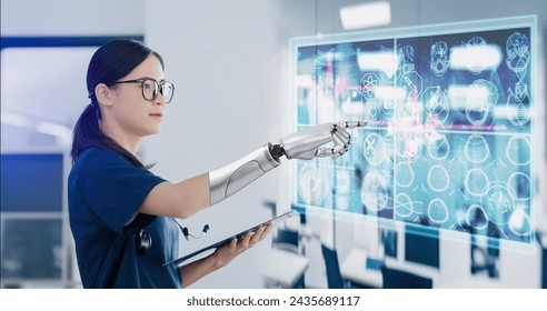 Medicine doctor and robot hand touching on a patients x-ray scans digital healthcare and connection with modern virtual screen interface icons, Medical technology and network concept. - Powered by Shutterstock