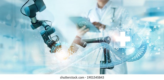 Medicine doctor and robotics research and analysis. Diagnose checking of health care patient testing result with virtual screen in laboratory, Inhibition of disease outbreaks and Medical technology.  - Shutterstock ID 1901545843