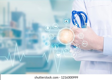 Medicine doctor with stethoscope in hand and icon medical network .Medical technology concept