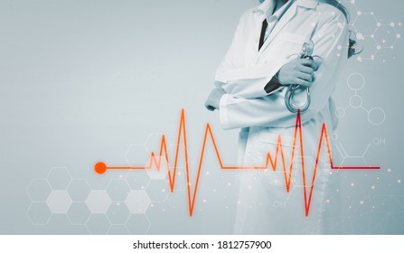 Medicine doctor with stethoscope in hand and icon medical network .Medical technology concept - Shutterstock ID 1812757900