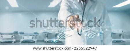 Medicine doctor and stethoscope in hand touching icon medical network connection with modern virtual screen interface, Healthcare and medicine on global network. Medical technology network concept. 