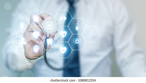Medicine doctor and stethoscope with medical icon network concept. - Shutterstock ID 1080812324