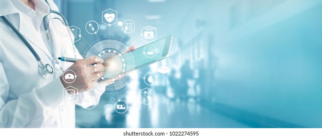 Medicine doctor and stethoscope touching icon medical network connection with modern interface on digital tablet in hospital background. Medical technology network concept