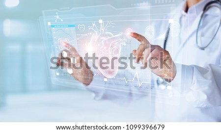 Medicine doctor and stethoscope touching icon heart and diagnostics analysis medical on modern virtual screen interface network connection. Medical technology diagnostics of heart  concept